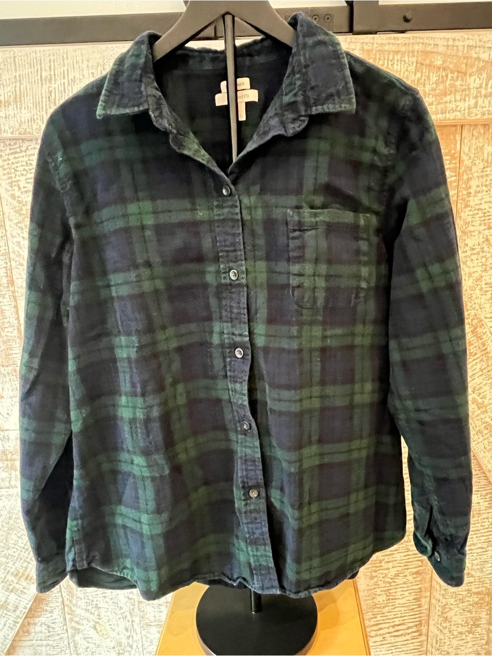 LL Bean Women’s Relaxed Fit Plaid Flannel Shirt in Navy and Forest Green XL